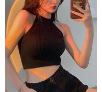 Women's Solid Color Halter Neck Crop Top Spaghetti Strap Vest, Regular Length Stretchy Summer Tank for Beach Vacation Yoga Holiday For Leisure, One Size Fits(One Size Black)