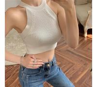 Women's Solid Color Halter Neck Crop Top Spaghetti Strap Vest, Regular Length Stretchy Summer Tank for Beach Vacation Yoga Holiday For Leisure, One Size Fits(One Size White)