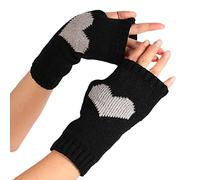 Women'S Solid Color Heart Pattern Missing Half Finger Warm Knit Gloves Mittens for Winter Outdoor Daily Skiing Hiking (Black, A)