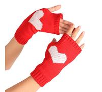 Women'S Solid Color Heart Pattern Missing Half Finger Warm Knit Gloves Mittens for Winter Outdoor Daily Skiing Hiking (Red, A)