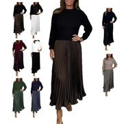 Women's Solid Color Long Sleeve Jumper & Pleated Bottom Dress, Casual Fashion Maxi Dress (Brown,L)