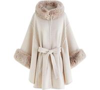 Women's Solid Color Loose Elegant Stand-up Collar Faux Fur Collar Cape Fashion Trend Casual Comfortable Warm Cloak with Belt (Khaki,One Size)