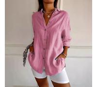 Women's Solid Color Pleated Lapel Shirt Single-Breasted Roll-Up Sleeves Regular Fit Casual Top for Vacation Beach Cycling Yoga Summer Fashion Blouse(M Pink)