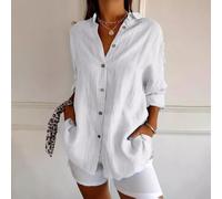 Women's Solid Color Pleated Lapel Shirt Single-Breasted Roll-Up Sleeves Regular Fit Casual Top for Vacation Beach Cycling Yoga Summer Fashion Blouse(XXXXL White)
