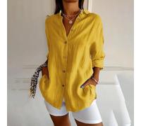 Women's Solid Color Pleated Lapel Shirt Single-Breasted Roll-Up Sleeves Regular Fit Casual Top for Vacation Beach Cycling Yoga Summer Fashion Blouse(XL Yellow)