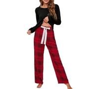 Women's Solid Color Round Neck T Check Printed Women's Casual Set Homewear Pajamas Top + Pants Set Pajamas for Women Fuzzy (Black, XXXXXL)