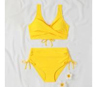 Women's Solid Color Two Piece Bikini SETs, Regular Length Split Style Swimsuit with Moderate Elasticity for Vacation Holiday Club Daily Wear(XL Yellow)