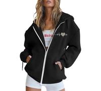 Women's Solid Colour Heart Print Hooded Sweatshirt with Pockets Sweaters, Vests and Sweatshirts Lightweight Oversized Hoodies Sports Casual Mid Season Cardigan Sweatshirts, #01-black, L