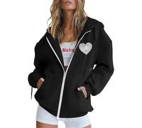 Women's Solid Colour Heart Print Zip Sweatshirt with Pockets Cardigan Sweatshirts Sports Casual Jacket Mid Season Lightweight Oversize Hoodies Sweaters Vests and Hoodies, #01-black, M