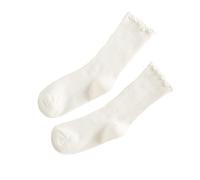 Womens Solid Colour Mid Calf Crew Socks with Lace Trim Soft Cotton Fabric Breathable Ruffle Design Suitable for Athletic and Work Wear(White, One Size)