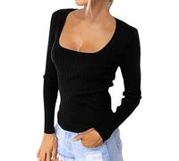 Women's Solid Colour Top Shirts with Knitting Long Sleeves Slim Blouse Fit Top Scoop Neck Slim Attractive Warm Soft Top Backless, black, M