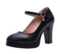 Womens Solid High Block Heels Mary Jane Ankle Strap Court Shoes Ladies Comfortable Support Work Pumps Formal Smart Office Low Heeled Strappy Slip On Cushioned Wide Fit Shoes for Wedding Bridal Party
