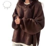 Women's Solid Knitting Split Hem Crewneck Jumper, Womens Drop Shoulder Split Hem Sweater, Loose Knit Sweater for Women (Brown,M)