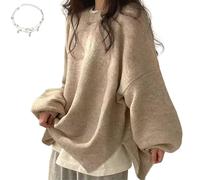 Women's Solid Knitting Split Hem Crewneck Jumper, Womens Drop Shoulder Split Hem Sweater, Loose Knit Sweater for Women (Khaki,XXL)