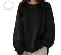 Women's Solid Knitting Split Hem Crewneck Jumper, Womens Drop Shoulder Split Hem Sweater, Loose Knit Sweater for Women (Black,M)