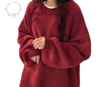 Women's Solid Knitting Split Hem Crewneck Jumper, Womens Drop Shoulder Split Hem Sweater, Loose Knit Sweater for Women (Red,XXL)