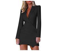 Womens Solid Lapel Blazer Suit Dress: Long Sleeve Elegant Coat V Neck Ruched Dress Casual Plus Size Work Wear Business Office Formal Outwear Suits Open Front Blazer Dress for Daily Black