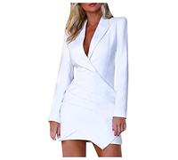 Womens Solid Lapel Blazer Suit Dress: Long Sleeve Elegant Coat V Neck Ruched Dress Casual Plus Size Work Wear Business Office Formal Outwear Suits Open Front Blazer Dress for Daily White