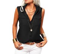 Women's Solid Lapel Sleeveless Tank Tops Summer Button Down Shirts Office Ladies Shirts (black, XL)