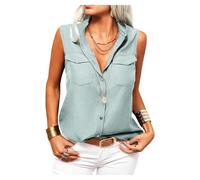 Women's Solid Lapel Sleeveless Tank Tops Summer Button Down Shirts Office Ladies Shirts (LightGreen, M)