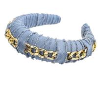 Women's Solid Padded Denim Headband Thick Sponge Hairband With Metal Chains For A Bold And Stylish Look