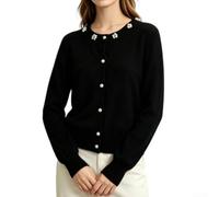 Women's Solid Pearl Knit Sweater Round Neck Summer(Black One Size)
