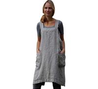 Womens Solid Pinafore Dress Straped Loose Fit Casual Kenn Length Dresses with Pockets Cotton Linen Girls Dress Garden Work Grey