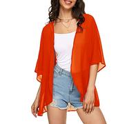 Women's Solid Puff Sleeve Kimono Cardigan Loose Cover Up Casual Blouse Top Chiffon, Orange, XXXL