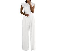 Women's Solid Ruffle Lace Sleeveless Lace Splice Jumpsuit Long Straight Trousers Overalls Jumpsuit Wedding Bride, White, L