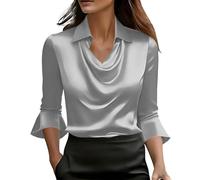 Women's Solid Satin Cowl Neck Blouse, 3/4 Sleeve Collared Top with Flared Ruffle Cuffs Detail,Elegant Work Shirts for Office and Formal Events (Silver, XXL)