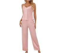 Women's Solid Satin Pajamas Clearance Set Nightwear Sexy Lingerie Cami Pyjamas Set Sling Sleeveless Tank Tops Silk Trousers + Vest Ladies Crew Neck Lingerie Pjs Set Soft Babydoll Underwear