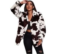 Womens Solid Shaggy Faux-Fur Coats Winter Warm Jacket Cow Print Fluffy Fashion Coats Outerwear for Petite Women Black