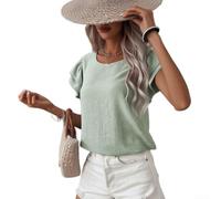 Women's Solid T-Shirt Round Neck Double Layer Ruffled Flare Sleeve Top Summer Beach Holiday Vacation Casual Shirt UK Sizes S-XXL(Green M)