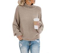 Women's Solid Turtleneck Sweater Long Sleeve Pullover Top Casual Stretchy Knit for Holiday Beach Cycling Summer S-XXXL(Khaki L)