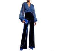 Women's Solid V-Neck Mesh Wide Leg Jumpsuit High Waist Party Romper | Women's Solid Color V-Neck Mesh Wide Leg Jumpsuit High Waist Straight Romper for Vacation Beach Yoga