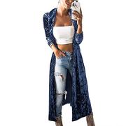 Women's Solid Velvet Maxi Duster Cardigans Open Front Trench Coat Blue