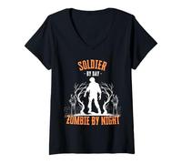 Womens Solider by Day Zombie by Night Funny Halloween Army Creepy V-Neck T-Shirt