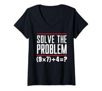 Women's Solve The Problem 9x7+4 Brain Teaser Quiz Math Teacher V-Neck T-Shirt