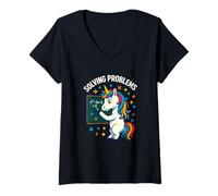 Womens Solving Problems Math Unicorn Graphic V-Neck T-Shirt
