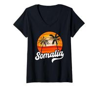 Women's Somalia Sunset Palm Trees Retro Beach Design V-Neck T-Shirt