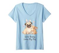 Women's Some Bunny Loves My Pug Cute Easter Dog Design Kids Mom Dad V-Neck T-Shirt
