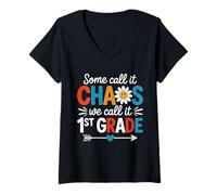 Womens Some Call It Chaos First Grade Teacher Humor V-Neck T-Shirt