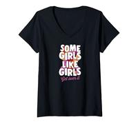 Womens Some Girls Like Girls Get Over It Funny Trendy Aesthetic V-Neck T-Shirt