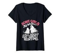 Womens Some Girls Play with Dolls, Real Girls Hunt Ghosts V-Neck T-Shirt