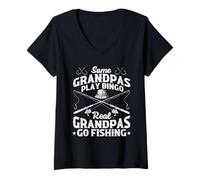 Womens Some Grandpas Play Bingo Real Grandpas Go Fishing Fisherman V-Neck T-Shirt
