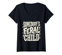 Women's Somebody's Feral Child Funny Retro Kids Mother V-Neck T-Shirt