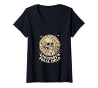 Women's Somebody's Feral Child Retro Skull Rock On V-Neck T-Shirt