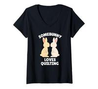 Womens Somebunny Loves Quilting Cute Easter Bunny Quilter Gift V-Neck T-Shirt