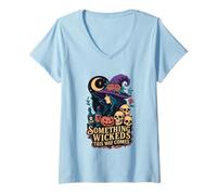 Womens Something Wicked This Way Comes Witch Moon Skulls V-Neck T-Shirt