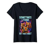 Women's Sometimes I Think Then Forget Funny Space Cat Galaxy V-Neck T-Shirt